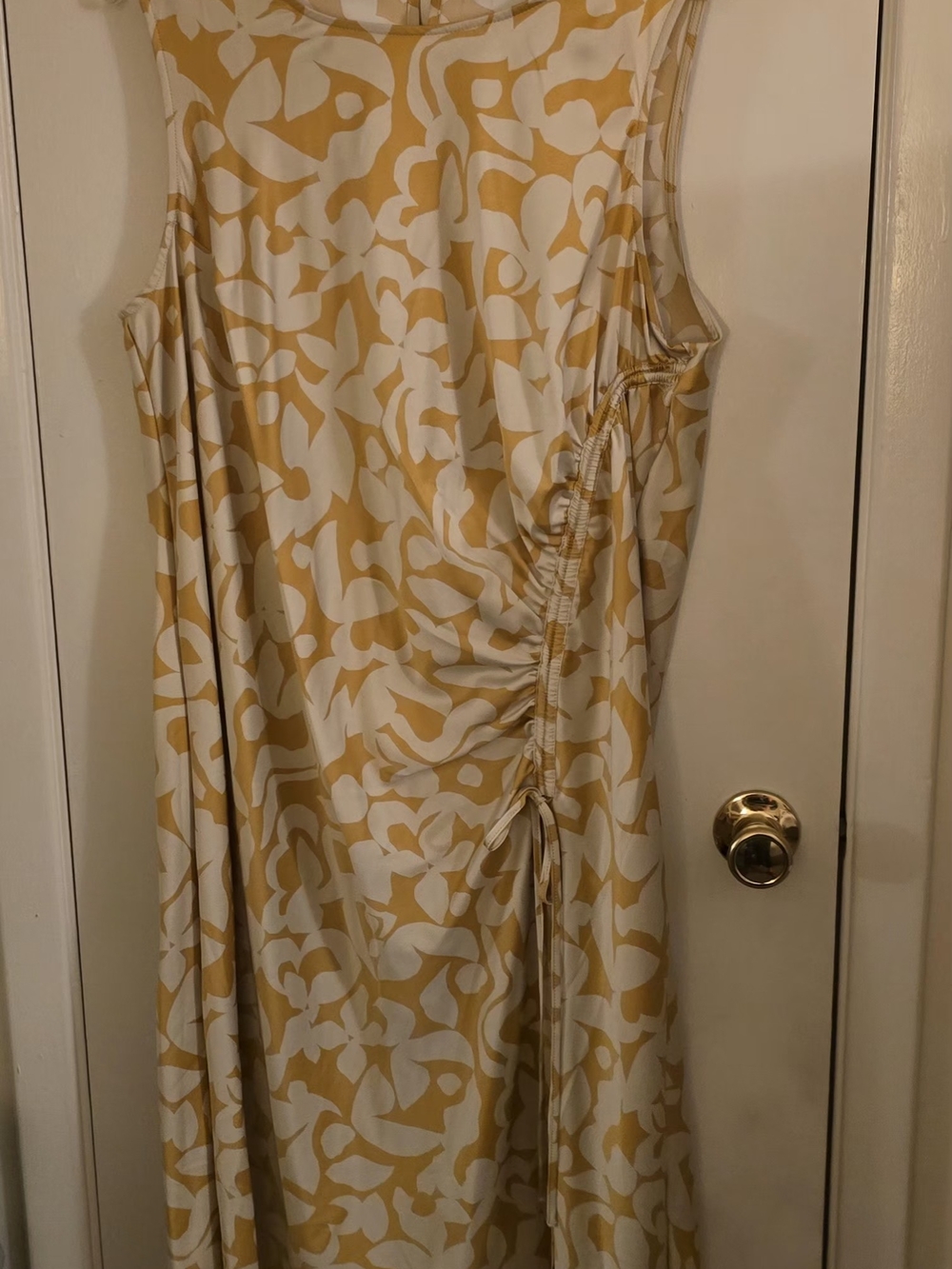 Terra & Sky Yellow and White Abstract Sleeveless Midi Dress with Side Drawstring